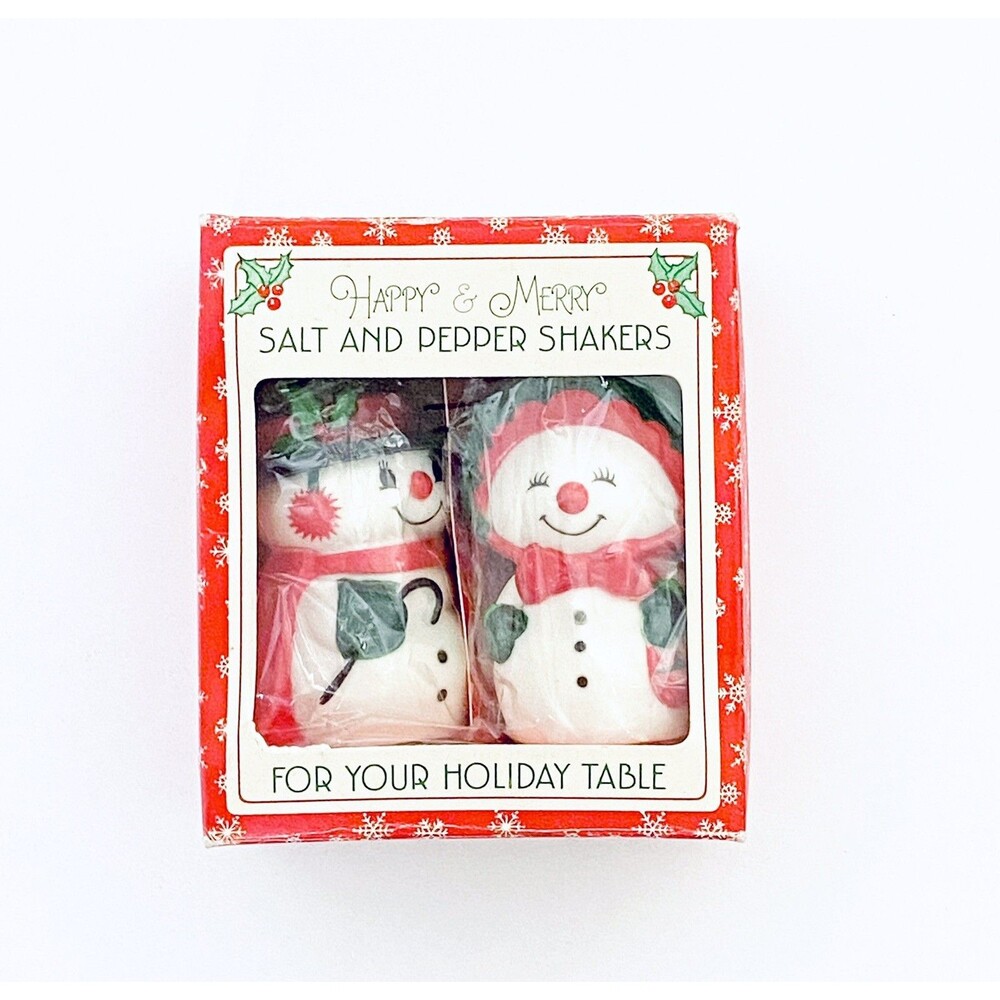 VTG Hallmark Christmas Salt Pepper Shakers Happy Merry Snowman Snow Woman Host